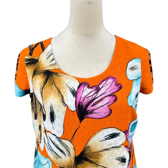 Chico’s Sz 00 PETITE Reversible Orange Tropical Floral Cheetah Print Shift Dress - Picture 5 of 15